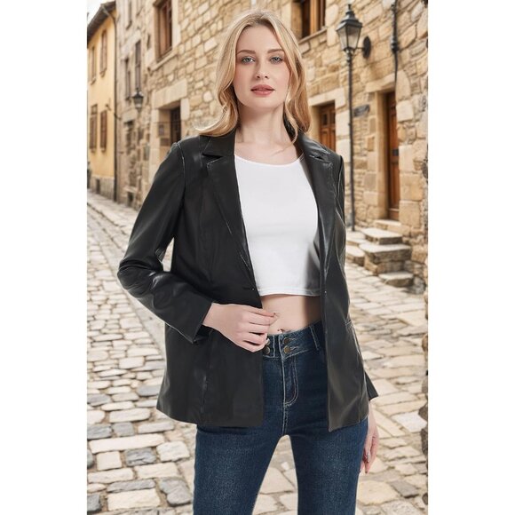 Women Black-Pu Leather Blazer Jacket Vegan leather Lapel Button Down Casual Coat - Picture 3 of 5